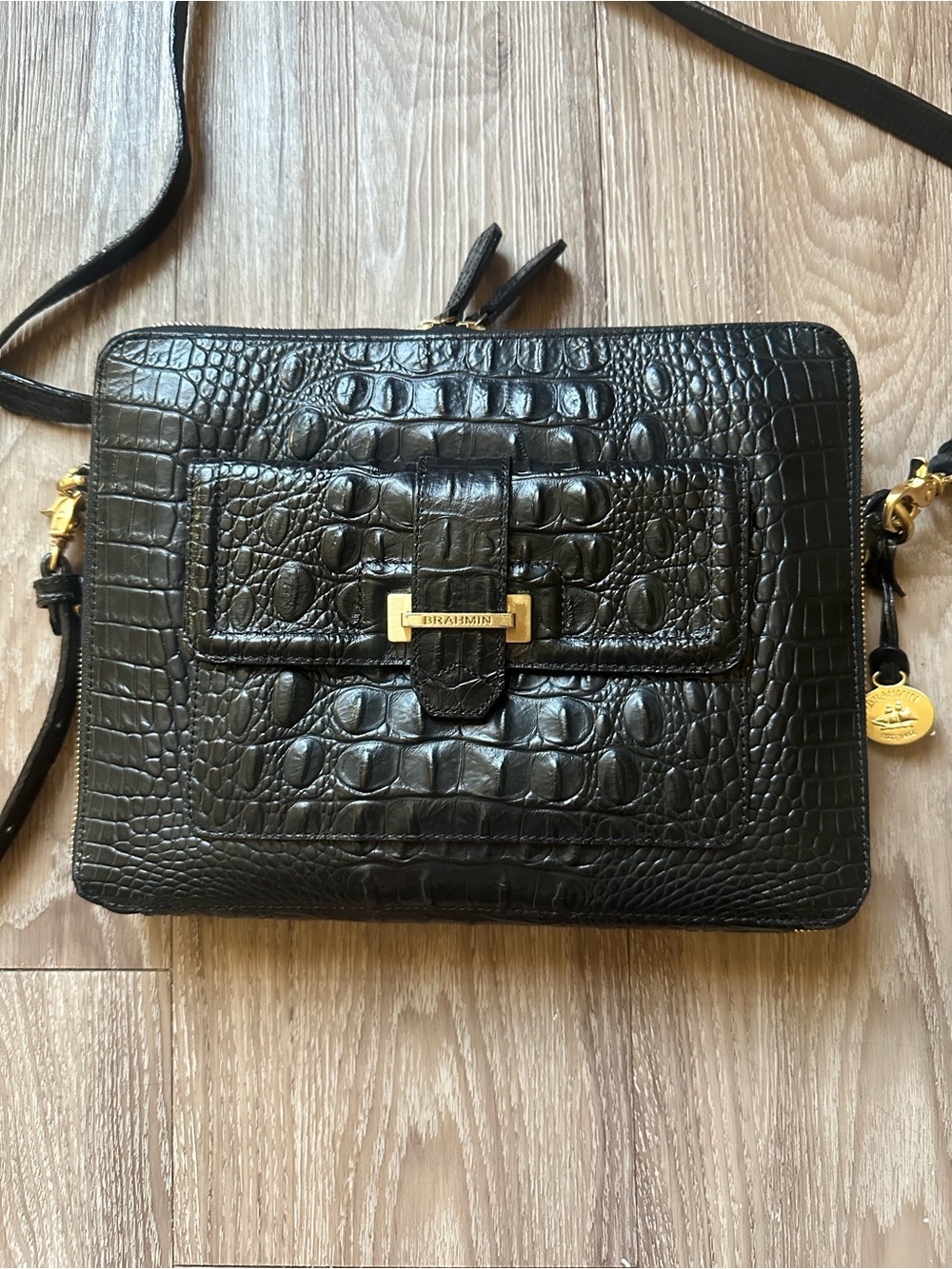 Brahmin Theo Black Melbourne Leather iPad Tablet Crossbody Bag